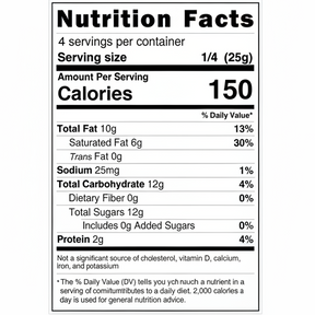 Nutrition facts label for a food product with serving size, calories, and nutritional content details.