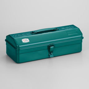Toyo Y-350 steel toolbox in antique green with integrated top handle and single front latch, shown closed on a light gray studio background.