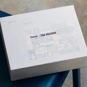 White box with text on a blue surface