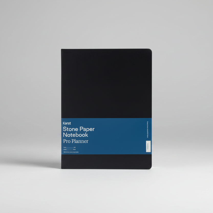 Black notebook with blue band featuring 'Stone Paper Notebook Pro Planner' text on a white background