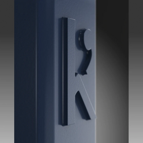 Dark blue rectangular object with a prominent letter 'K' on a gradient background