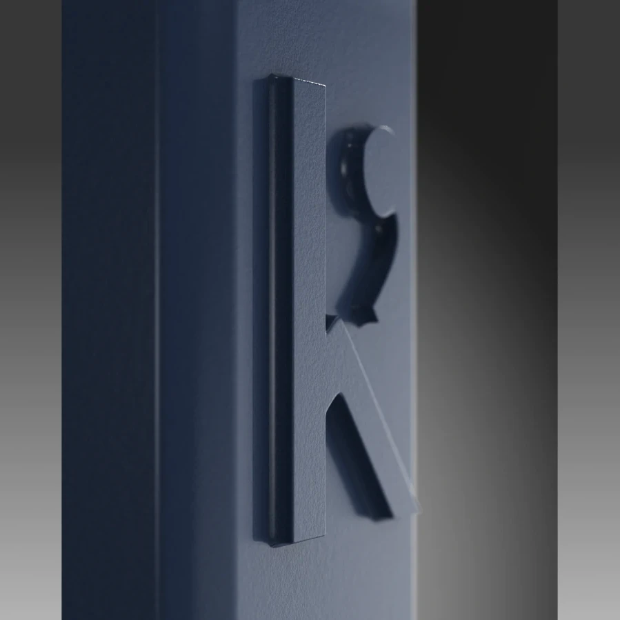 Dark blue rectangular object with a prominent letter 'K' on a gradient background