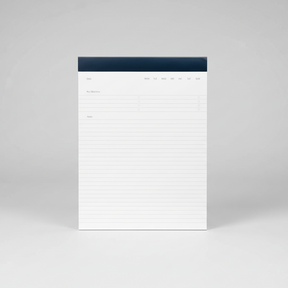 White notepad with blue border on a white background
