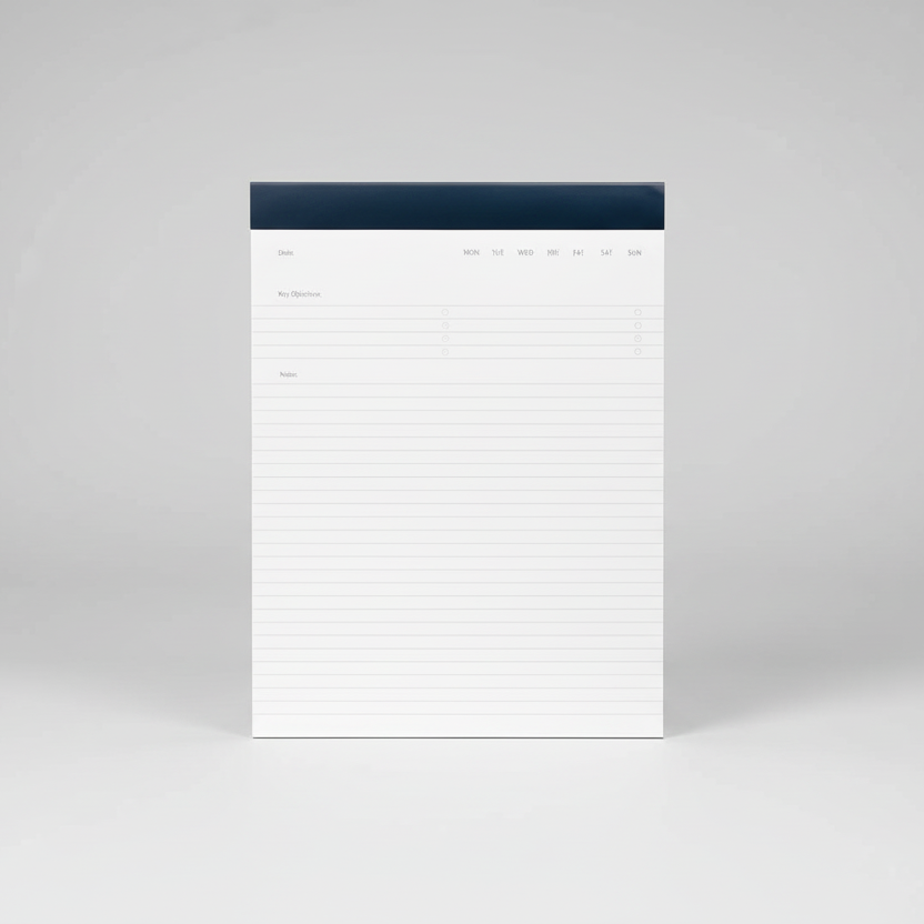 White notepad with blue border on a white background
