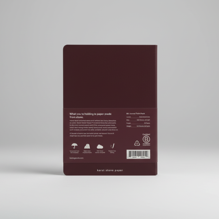 Back view of a maroon notebook with text and a barcode on a white background