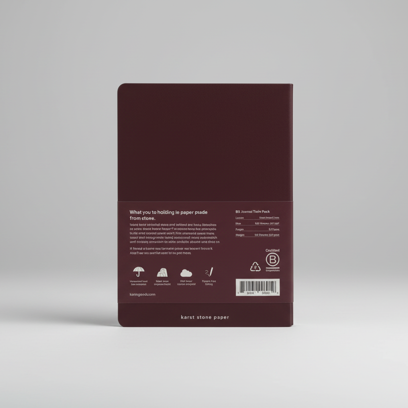 Back view of a maroon notebook with text and a barcode on a white background