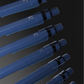 Blue pens with visible branding on a dark background