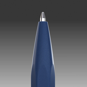 Blue pen with a silver cap on a gradient gray background