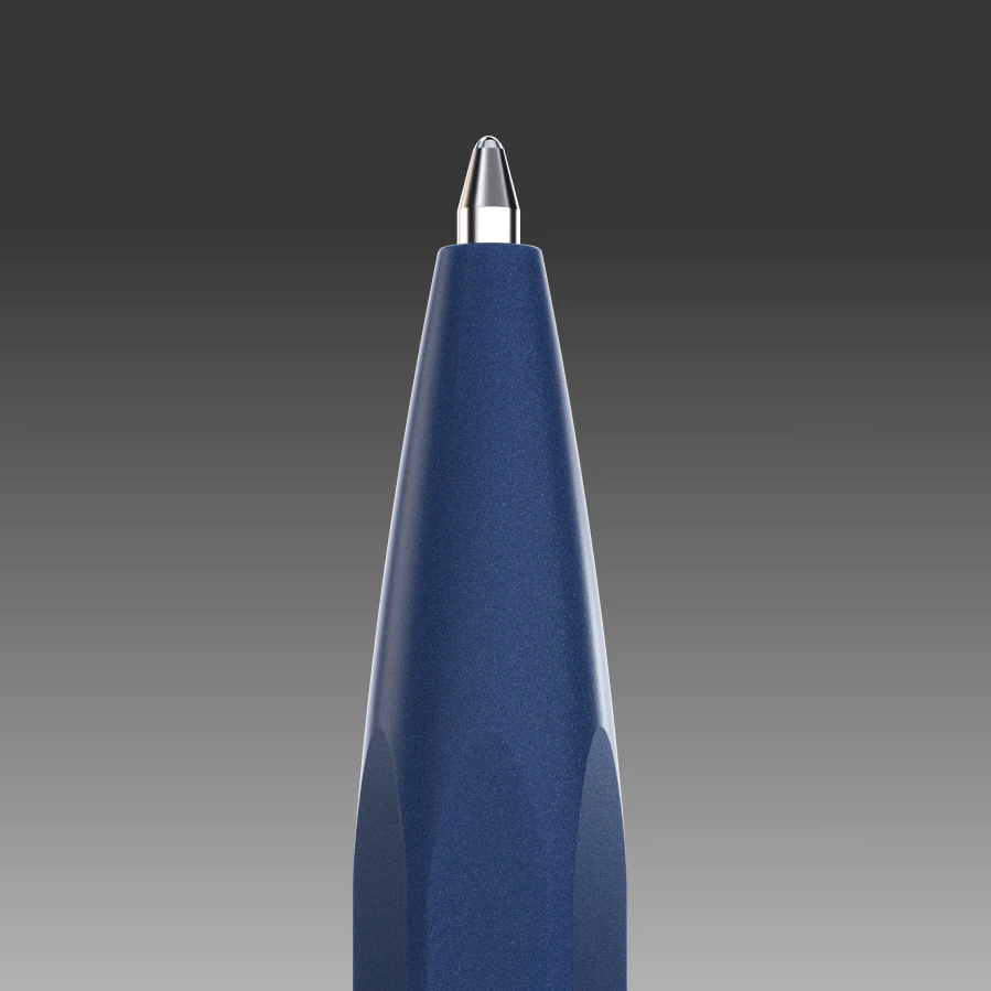 Blue pen with a silver cap on a gradient gray background
