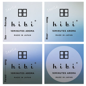 Four 'hibi' product packaging on a white background