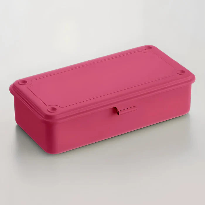 Shocking pink Toyo Steel T-190 compact metal storage box with rounded corners and front pull tab, shown closed on a light neutral background.