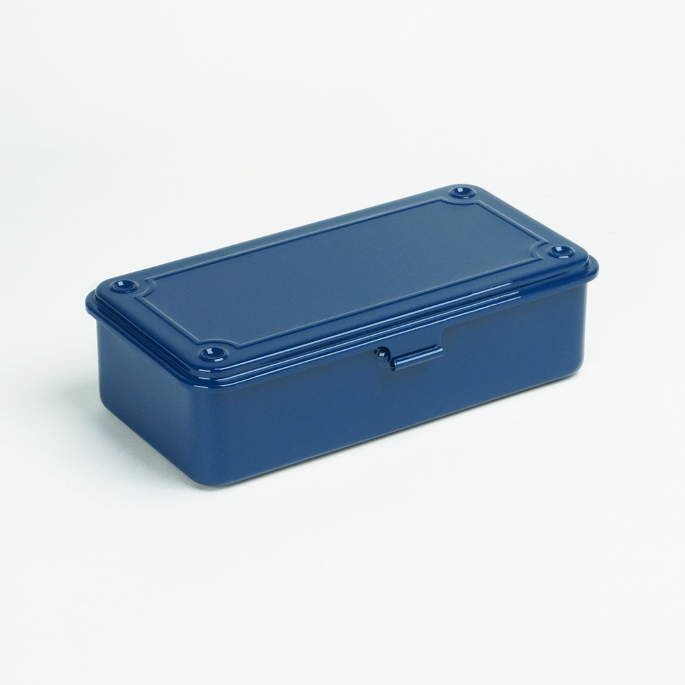 Indigo Toyo Steel T-190 compact metal storage box with rounded corners and front pull tab, shown closed on a white background.