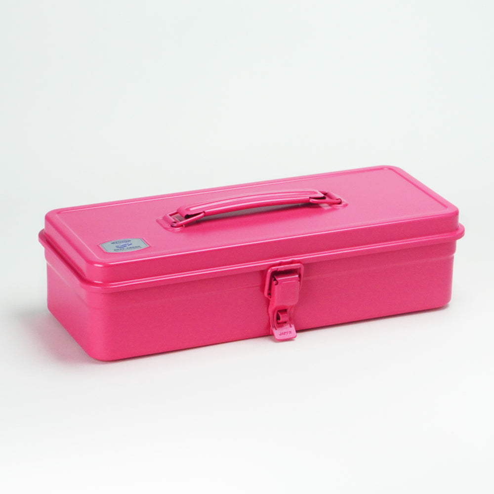 Shocking pink Toyo Steel metal toolbox with a sleek rectangular silhouette, glossy powder-coated finish, integrated top handle, and single front latch, shown closed on a clean white background.