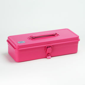 Shocking pink Toyo Steel metal toolbox with a sleek rectangular silhouette, glossy powder-coated finish, integrated top handle, and single front latch, shown closed on a clean white background.