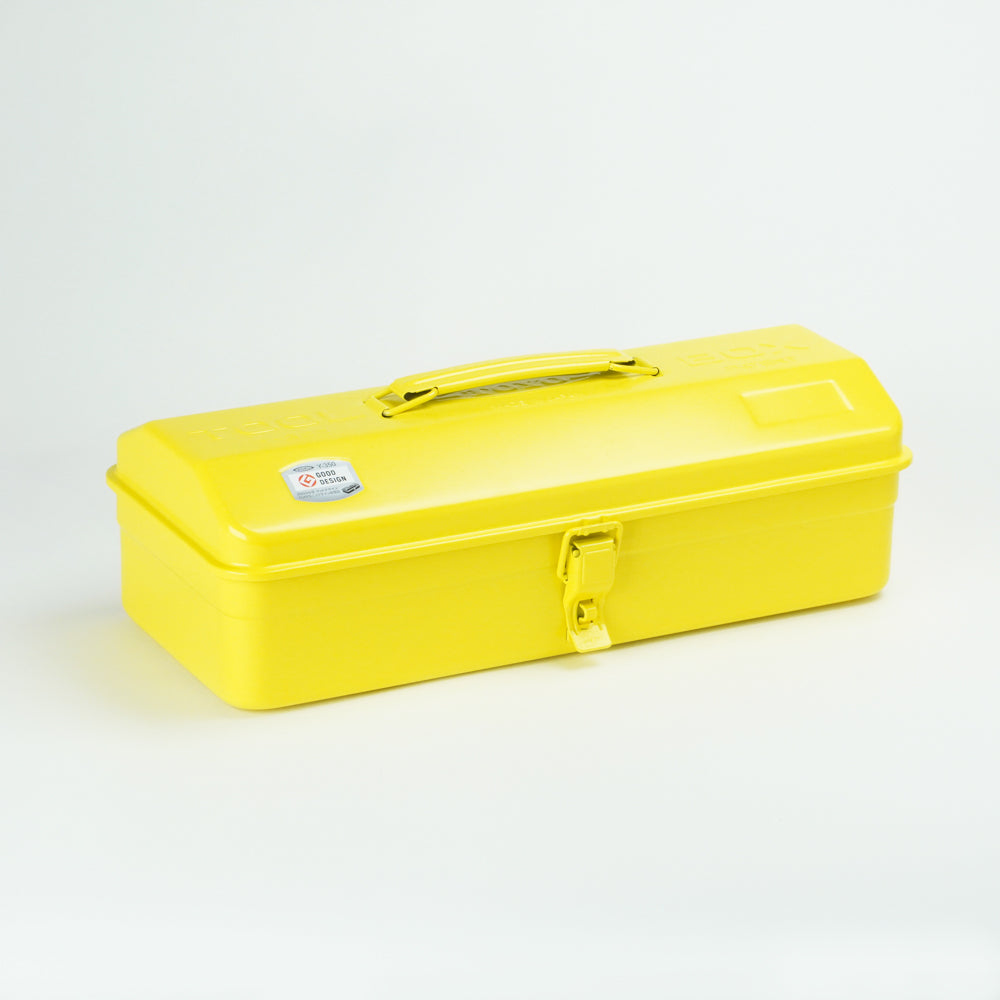 Yellow Toyo Y-350 steel toolbox with a rounded lid, top carry handle, and single front latch, photographed closed on a white background.