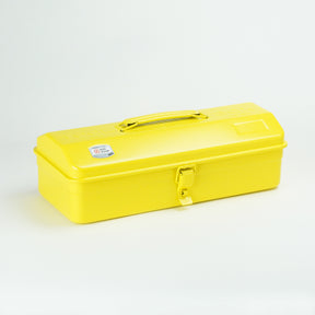 Yellow Toyo Y-350 steel toolbox with a rounded lid, top carry handle, and single front latch, photographed closed on a white background.