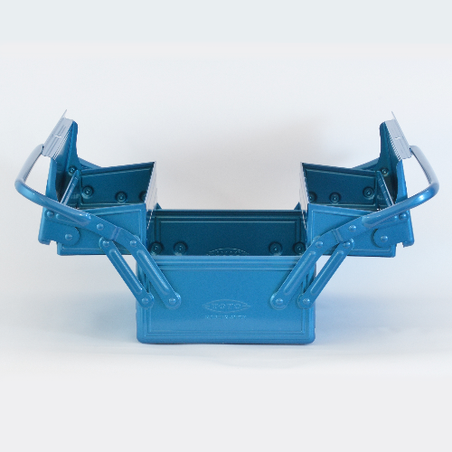Blue Toyo steel cantilever toolbox shown open, revealing dual side trays and central compartment.