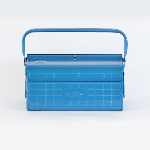 Blue Toyo steel cantilever toolbox closed, front view with carry handle upright.