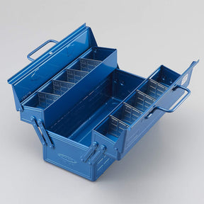 Toyo ST-350 steel cantilever toolbox in blue, open with trays fully extended to reveal tiered compartments, metal dividers, and a spacious central storage area on a light gray background.