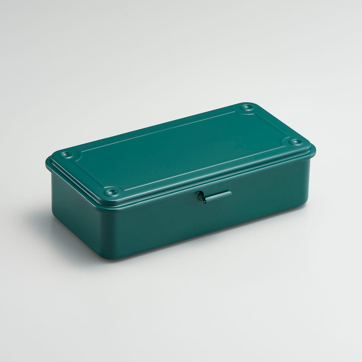 Antiqu Green Toyo Steel T-190 metal storage box with hinged lid and front pull tab, shown closed on a light background.