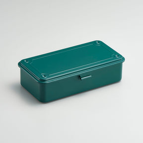 Antiqu Green Toyo Steel T-190 metal storage box with hinged lid and front pull tab, shown closed on a light background.