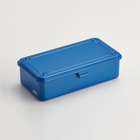 Blue Toyo Steel T-190 compact metal storage box with rounded corners and front pull tab, shown closed on a light gray background.