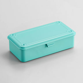 Summer emerald Toyo Steel T-190 compact metal storage box with rounded corners and front pull tab, shown closed on a light gray background.