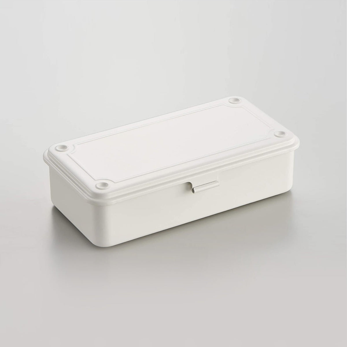 White Toyo Steel T-190 compact metal storage box with rounded corners and a front pull tab, shown closed on a light gray background.