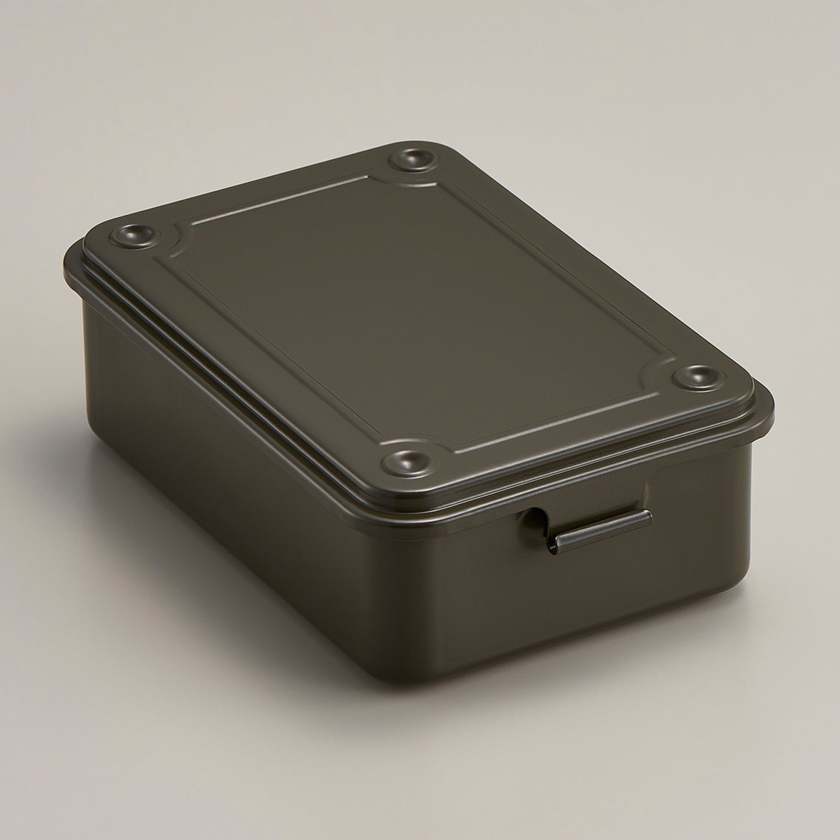 military green steel stackable storage box with hinged lid.