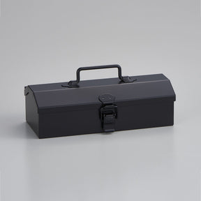 Closed black Toyo Steel Y-17 metal toolbox with a top carry handle and front latch, photographed at a slight angle on a light gray background.