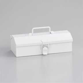 Closed white Toyo Steel Y-17 metal toolbox with a top carry handle and front latch, shown at a slight angle against a clean light gray background.