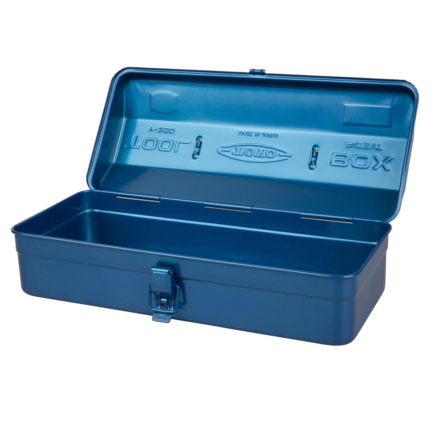 Open blue Toyo Steel Y-350 metal toolbox with hinged lid, embossed interior branding, single large storage compartment, and front latch, photographed on a white background.